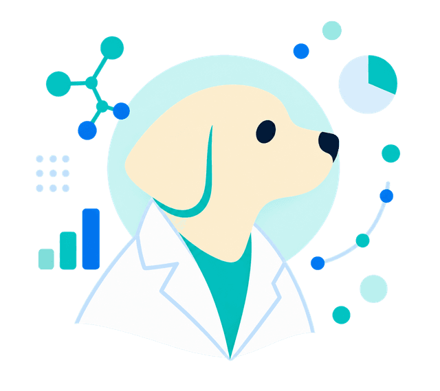 A Labrador in a lab coat, surrounded by charts and molecules